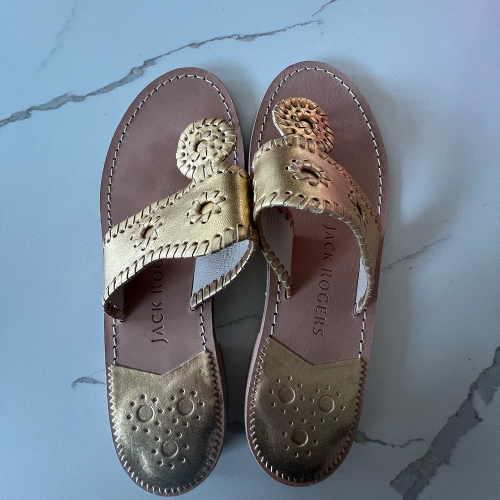 Jack Rogers Gold Sandals with Metallic Finish and Medallion Design
